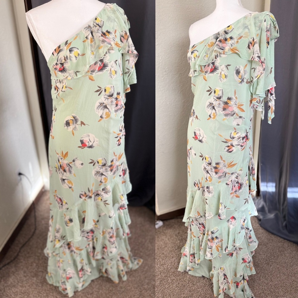 Lauren Ralph Lauren Floral Crinkled Georgette Gown Sage Green One Shoulder 18 - Picture 2 of 8